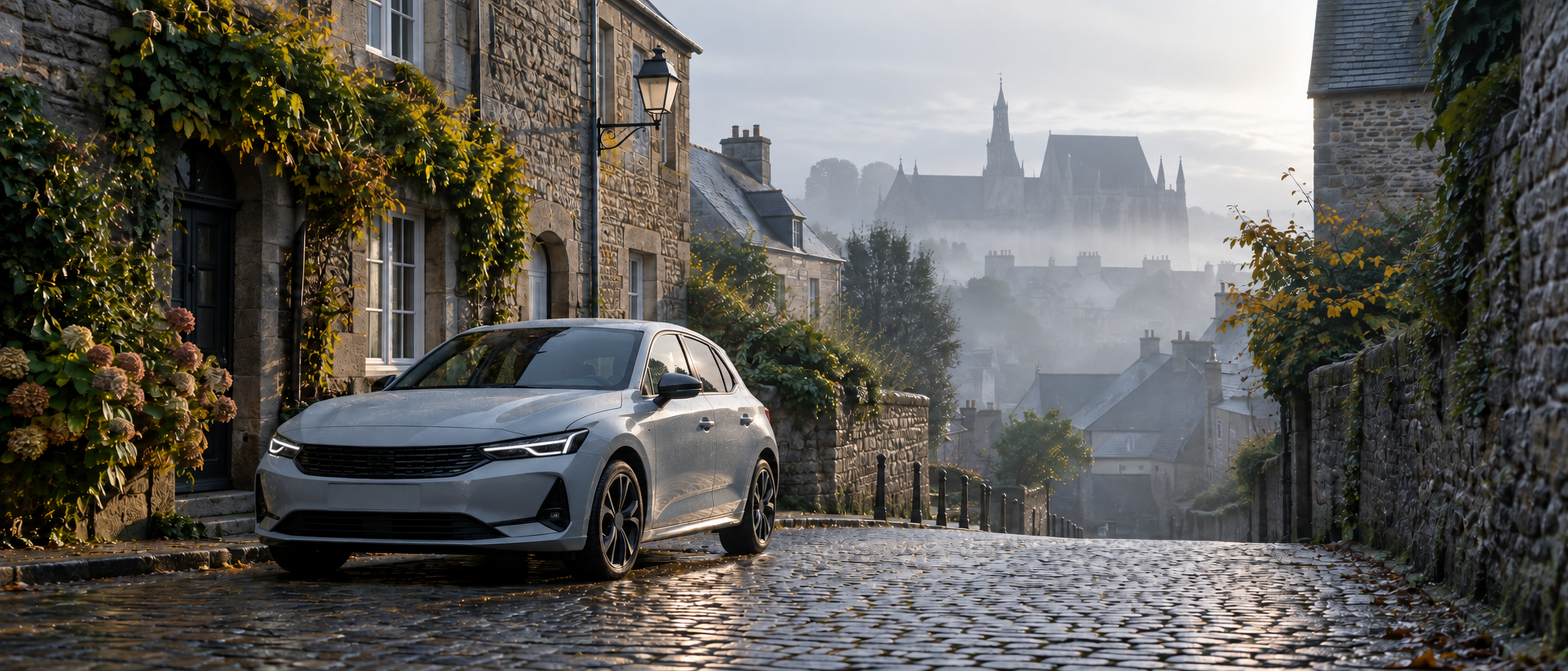 voiture claire dans une ruelle pavée bretonne, brume légère du matin