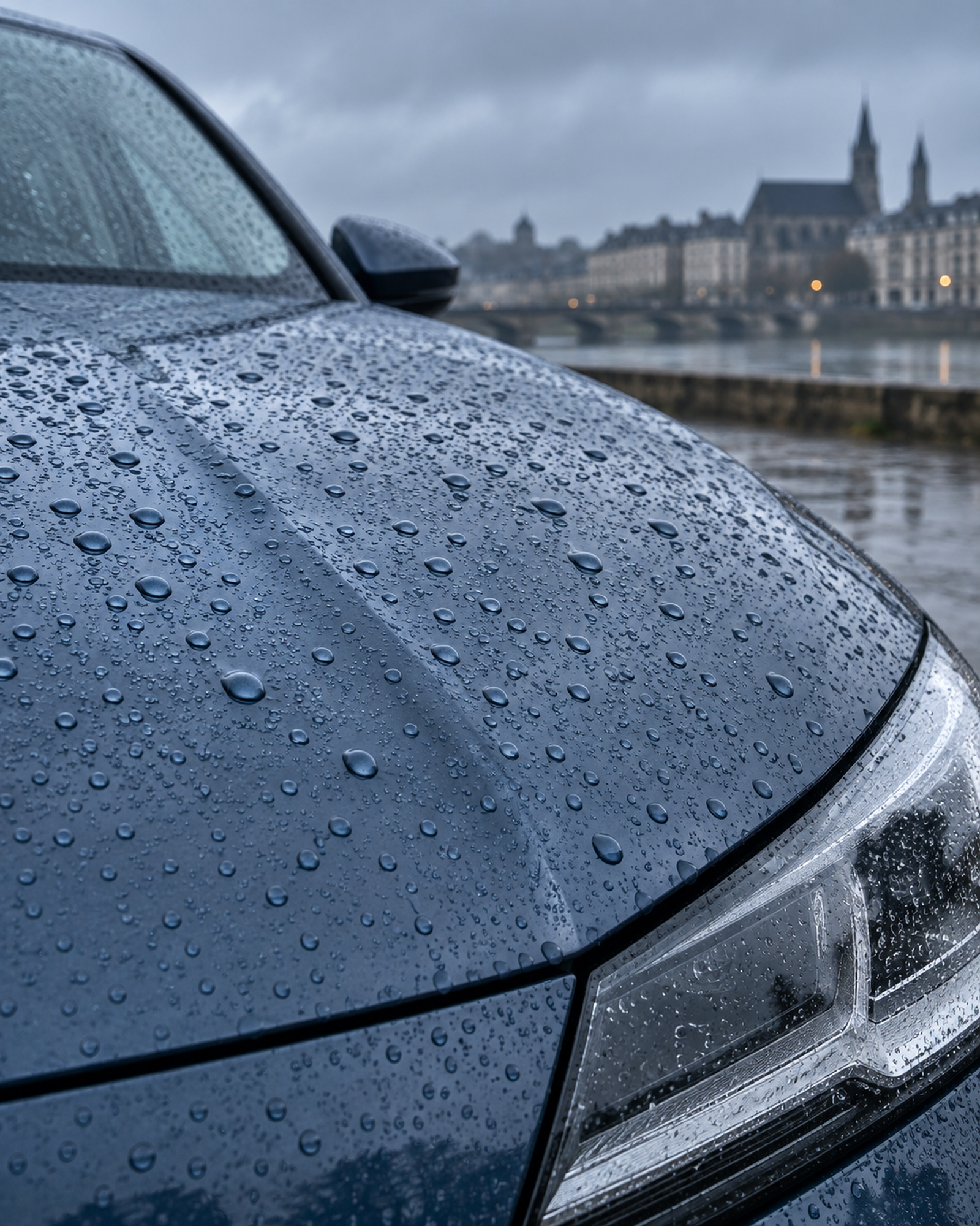 gouttes de pluie perlant sur un capot gris bleuté protégé